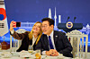 Italian Prime Minister Giorgia Meloni, left, takes a selfie with President Lee Jae Myung with a Samsung Galaxy Z Flip7 gifted by the Korean leader at an official luncheon following their bilateral summit at the Blue House in central Seoul on Jan. 19. [JOINT PRESS CORPS]