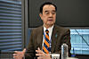 Kunihiko Miyake, research director of the Tokyo-based think tank Canon Institute for Global Studies (CIGS), speaks during an interview with the Trilateral Journalists Exchange Program delegation at the CIGS office in Tokyo on Wednesday. [TRILATERAL COOPERATION SECRETARIAT]