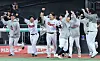 The KT Wiz celebrate after beating the NC Dinos 3-2 in a playoff game at Suwon KT Wiz Park in Suwon, Gyeonggi on Sunday. [NEWS1]