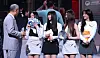 Minister Yu, far left, speaks with NewJeans at the appointment ceremony on July 11. [MINISTRY OF CULTURE, SPORTS AND TOURISM]