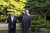President Yoon Suk Yeol, left, and United Arab Emirates (UAE) President Mohamed bin Zayed Al Nahyan chat as they take a stroll through Changdeok Palace in Jongno District, central Seoul, on Tuesday. [PRESIDENTIAL OFFICE]