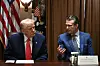 U.S. President Donald Trump looks on as Secretary of Defense Pete Hegseth speaks during a cabinet meeting in the Cabinet Room of the White House in Washington on April 10. [AFP/YONHAP]