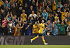 Wolverhampton Wanderers' Goncalo Guedes celebrates scoring their second goal against Burnley at Molineux Stadium in Wolverhampton, England on Wednesday.  [REUTERS/YONHAP]
