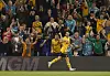 Wolverhampton Wanderers' Goncalo Guedes celebrates scoring their second goal against Burnley at Molineux Stadium in Wolverhampton, England on Wednesday. [REUTERS/YONHAP]