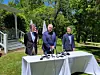 U.S. Deputy Secretary of State Kurt Campbell, center, speaks to the press before a trilateral meeting with South Korea's Vice Foreign Minister Kim Hong-kyun, right, and Japanese Vice Foreign Minister Masataka Okano at Iron Bell Farm in Virginia on May 31. [POOL/YONHAP]