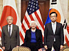 Korea's Finance Minister Choi Sang-mok, right, U.S. Treasury Secretary Janet Yellen, center, and Japan's Finance Minister Shunichi Suzuki pose for a photo prior to their first trilateral meeting in Washington on April 17, 2024. [YONHAP]