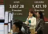 A financial data screen in the dealing room of Hana Bank in Seoul shows the benchmark Kospi having jumped 95.47 points, or 2.68 percent, to close at a fresh all-time high of 3,657.28 on Oct. 15. [YONHAP]