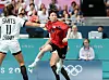 Korean handball player Kang Kyung-min shoots during a Paris Olympics women's handball tournament match against Germany at South Paris Arena 6 in Paris on Thursday. [YONHAP]