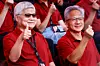 C.C. Wei, CEO of TSMC, left, and Jensen Huang, CEO of Nvidia, pose for photos at TSMC’s annual sports day in Hsinchu, Taiwan, Nov. 8. [REUTERS/YONHAP]