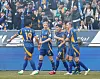 Ulsan HD celebrate during a match against Jeonbuk Hyundai at Ulsan Munsu Football Stadium in Ulsan on March 1. [YONHAP]
