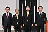 The presidential candidates pose for a photo in the SBS Prism Tower in Mapo District, western Seoul, on May 18. From left: Kim Moon-soo of the People Power Party, Kwon Young-guk of the Korean Democratic Labor Party, Lee Jun-seok of the Reform Party, Lee Jae-myung of the Democratic Party. [JOINT PRESS CORPS]