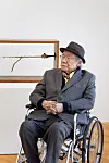 Ha Chong-hyun poses alongside his 'Relation 72-1' (1972/2025) installation at the Art Sonje Center in central Seoul on Feb. 13. [ART SONJE CENTER]