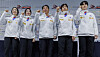 From left: Short track speed skaters Choi Min-jeong and Kim Gil-li, head coach Yoon Jae-myung, and skaters Park Ji-won and Jang Sung-woo pose for a photo during a press conference on Wednesday ahead of the International Skating Union World Tour at Mokdong Ice Rink in western Seoul set to start on Friday. [YONHAP]