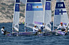 Korea's Ha Jee-min, second from right, competes in Race 4 of the men's dinghy at Paris Olympics in Marseille on Friday.  [AFP/YONHAP]