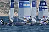 Korea's Ha Jee-min, second from right, competes in Race 4 of the men's dinghy at Paris Olympics in Marseille on Friday. [AFP/YONHAP]