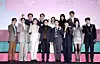 The cast and director of the second season of ″Squid Game″ (2021-) pose for photos during a press conference for the upcoming season held at the Dongdaemun Design Plaza in Jung District, central Seoul, on Dec. 9. From the front row, left, are actors Lee Jin-uk, Park Sung-hoon, Lee Jung-jae, director Hwang Dong-hyuk, actors Lee Byung-hun, Yim Si-wan, Park Gyu-young and Kang Ha-neul. From the back row, left, are actors Yang Dong-geun, Lee Seo-hwan, Kang Ae-sim, Jo Yu-ri and Wi Ha-jun [NEWS1]