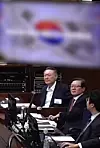 Former President Yoon Suk Yeol, far left, sits at the Seoul Central District Court in Seocho District, southern Seoul, on Jan. 13, during the second sentencing hearing on charges of leading an insurrection. [SEOUL CENTRAL DISTRICT COURT]