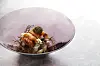 Ogawa Bafun uni, fan shell clam, fermented yam bean, fresh lotus seeds and sour quark drizzled with fermented black bean oil at Akuna [AKUNA]