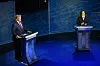 Donald Trump, left, and Kamala Harris square off in a U.S. presidential debate at the National Constitution Center in Philadelphia, Pennsylvania, on Tuesday. [AFP/YONHAP]