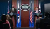 South Korean Defense Minister Kim Yong-hyun, right, and U.S. Defense Secretary Lloyd Austin attend a press conference at the Pentagon near Washington on Oct. 30. [MINISTRY OF NATIONAL DEFENSE]