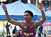 Joel Jin Nwamadi of Yecheon County's track team celebrates after crossing the finish line first in the men’s 200-meter final at the National Sports Festival at Busan Asiad Main Stadium in Busan on Oct. 20. [NEWS1]