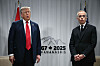 U.S. President Donald Trump speaks to the press as Canadian Prime Minister Mark Carney looks on as they meet during the Group of Seven (G7) Summit at the Pomeroy Kananaskis Mountain Lodge in Kananaskis, Alberta, Canada on June 16. Canada will face a 35 percent tariff on exports to the United States starting Aug. 1, President Donald Trump said on July 9 in a letter to Prime Minister Mark Carney. [AFP/YONHAP]