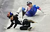 Kim Gil-li of Korea, bottom, is tripped by Corinne Stoddard of the United States during the semifinals of the mixed team relay in short track speed skating at the Winter Olympics at Milano Ice Skating Arena in Milan on Feb. 10. [KIM JONG-HO]