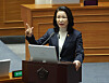 Korea Communications Commission Chair Lee Jin-sook answers a question from Rep. Na Kyung-won of the People Power Party during a parliamentary interpellation session on education, society and culture at the National Assembly in western Seoul on Sept. 18. [YONHAP]