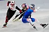 Corinne Stoddard, right, of the United States crashes as Courtney Sarault of Canada avoids her while competing in the team mixed relay short track speed skating at the 2026 Winter Olympics at the Milano Ice Skating Arena in Milan on Feb. 10. [AP/YONHAP]