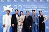 Director Park Chan-wook, third from right, and cast members Lee Byung-hun, Son Ye-Jin, Park Hee-soon, Lee Sung-min and Yeom Hye-ran pose during an event for the movie ″No Other Choice″ in competition, at the 82nd Venice International Film Festival, Venice, Italy, Aug. 29. [REUTERS/YONHAP]