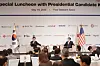 Presidential candidate Kim Moon-soo of the People Power Party, left, talks about his stance on Korea-U.S. cooperation with the American Chamber of Commerce in Korea Chairman James Kim during a luncheon in central Seoul on May 19. [AMCHAM]