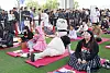 A participant dressed as a llama, second from right, and other contestants zone out during the Hangang Space-out Competition at Jamsu Bridge in Seocho District, southern Seoul, on May 11. [PARK SANG-MOON]