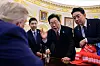 President Lee Jae Myung, second from right, and presidential chief of staff Kang Hoon-sik, right, speak with U.S. President Donald Trump at the Oval Office of the White House in Washington on Aug. 25. [WHITE HOUSE]