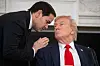 U.S. Secretary of State Marco Rubio, left, speaks with U.S. President Donald Trump during a Roundtable on Antifa in the State Dining Room of the White House in Washington on Oct. 8. [EPA/YONHAP]
