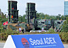 Weapons are displayed in front of the Seoul International Aerospace & Defense Exhibition 2025 at Kintex in Goyang, Gyeonggi, for the opening ceremony on Oct. 20. [YONHAP]