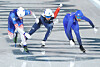Chung Jae-won of Korea, center, skates between Jordan Stolz of the United States, left, and Andrea Giovannini of Italy during the final of the men's mass start speed skating event at the Winter Olympics at Milano Speed Skating Stadium in Milan on Feb. 21. [YONHAP]