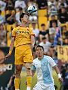 Eom Ju-sung jumps for a header in a game between Gwangju FC and Ulsan HD at Gwangju Football Stadium on July 2, 2023. [YONHAP]