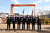 President Lee Jae Myung, center, Pennsylvania Gov. Josh Shapiro, third from left, and executives of Hanwha Ocean pose for a photo during Lee's visit to Hanwha Philly Shipyard in Philadelphia on Aug. 27. [YONHAP]