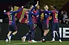 Barcelona players celebrate during the La Liga match against Valencia at the Lluís Companys Olympic Stadium in Barcelona, Spain, on Jan. 26. [EPA/YONHAP]