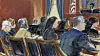 In this courtroom sketch, flanked by defense attorneys Brian Steel, left, and Teny Garagos, Sean ″Diddy″ Combs, second from left, listens as Judge Arun Subramanian speaks during Combs' bail hearing in Manhattan federal court in New York on July 2.[AP/YONHAP]