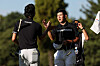 Keita Nakajima of Japan, right, and Min Woo Lee of Australia shake hands after holing out on the ninth green during the second round of the ZOZO Championship at Accordia Golf Narashino Country Club on October 20, 2023 in Inzai, Chiba, Japan. [GETTY IMAGES]