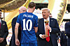 President Donald Trump presents Chelsea's Cole Palmer with the golden ball trophy after Chelsea won against Paris Saint-Germain in the Club World Cup final at MetLife Stadium in East Rutherford, New Jersey, July 13. [AP/YONHAP]