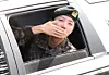 J-Hope of boy band BTS blows kisses to fans as he leaves his base camp in Wonju, Gangwon, after finishing his mandatory military duty on Oct. 17. [NEWS1]