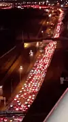 Heavy traffic on the Karaj-Chalus road as vehicles move westwards in a direction leading out of Tehran, Iran, as Israel and Iran continue to attack each other, in this screen grab obtained from social media video released June 16. [REUTERS/YONHAP]
