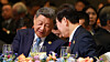 President Lee Jae Myung, right, speaks with Chinese President Xi Jinping during the gala dinner of the 2025 Asia-Pacific Economic Cooperation Leaders’ Meeting at the Lahan Select Hotel in Gyeongju, North Gyeongsang, on Oct. 31. [YONHAP]