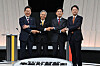 From left, Lee Jae-myung of the Democratic Party, Kwon Young-kook of the Democratic Labor Party, Kim Moon-soo of the People Power Party and Lee Jun-seok of the minor Reform Party pose for a photo ahead of their third and final debate at the MBC studio in Mapo District, western Seoul, on May 27. [JOINT PRESS CORPS]