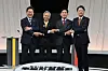 From left, Lee Jae-myung of the Democratic Party, Kwon Young-kook of the Democratic Labor Party, Kim Moon-soo of the People Power Party and Lee Jun-seok of the minor Reform Party pose for a photo ahead of their third and final debate at the MBC studio in Mapo District, western Seoul, on May 27. [JOINT PRESS CORPS]