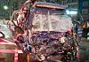 The destroyed cargo truck being towed at the site of the car crash that happened on the Gyeongin Expressway on Monday. [INCHEON FIRE HEADQUARTERS]