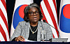 U.S. Ambassador to the UN Linda Thomas-Greenfield speaks during a press conference at the U.S. Embassy compound in Seoul on Wednesday. [YONHAP]