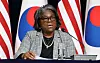 U.S. Ambassador to the UN Linda Thomas-Greenfield speaks during a press conference at the U.S. Embassy compound in Seoul on Wednesday. [YONHAP]